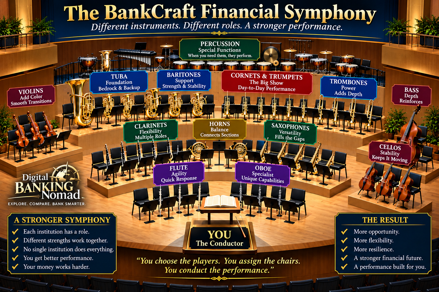 The BankCraft Financial Symphony, a visual banking ecosystem showing financial institutions as sections of a musical ensemble with the account holder as conductor