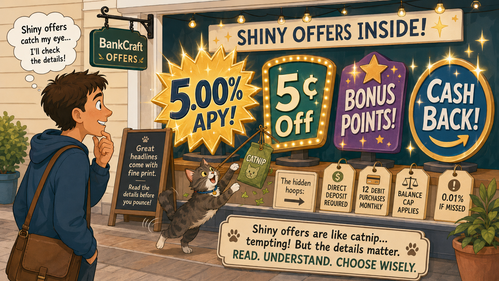 Cartoon showing flashy banking offers attracting attention like catnip while the qualification requirements and fine print sit underneath