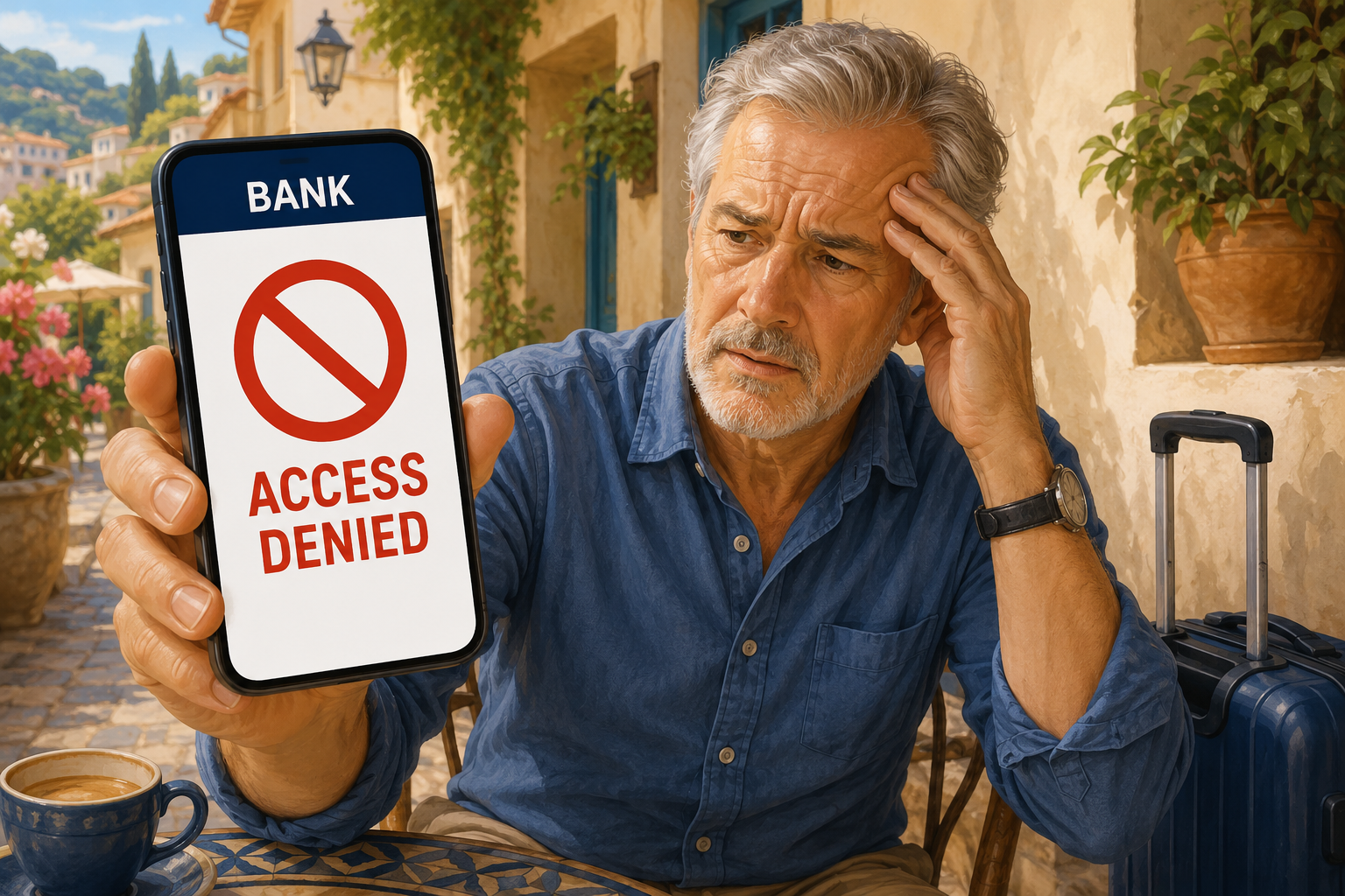 A traveler with luggage holds a phone displaying Bank: Access Denied.