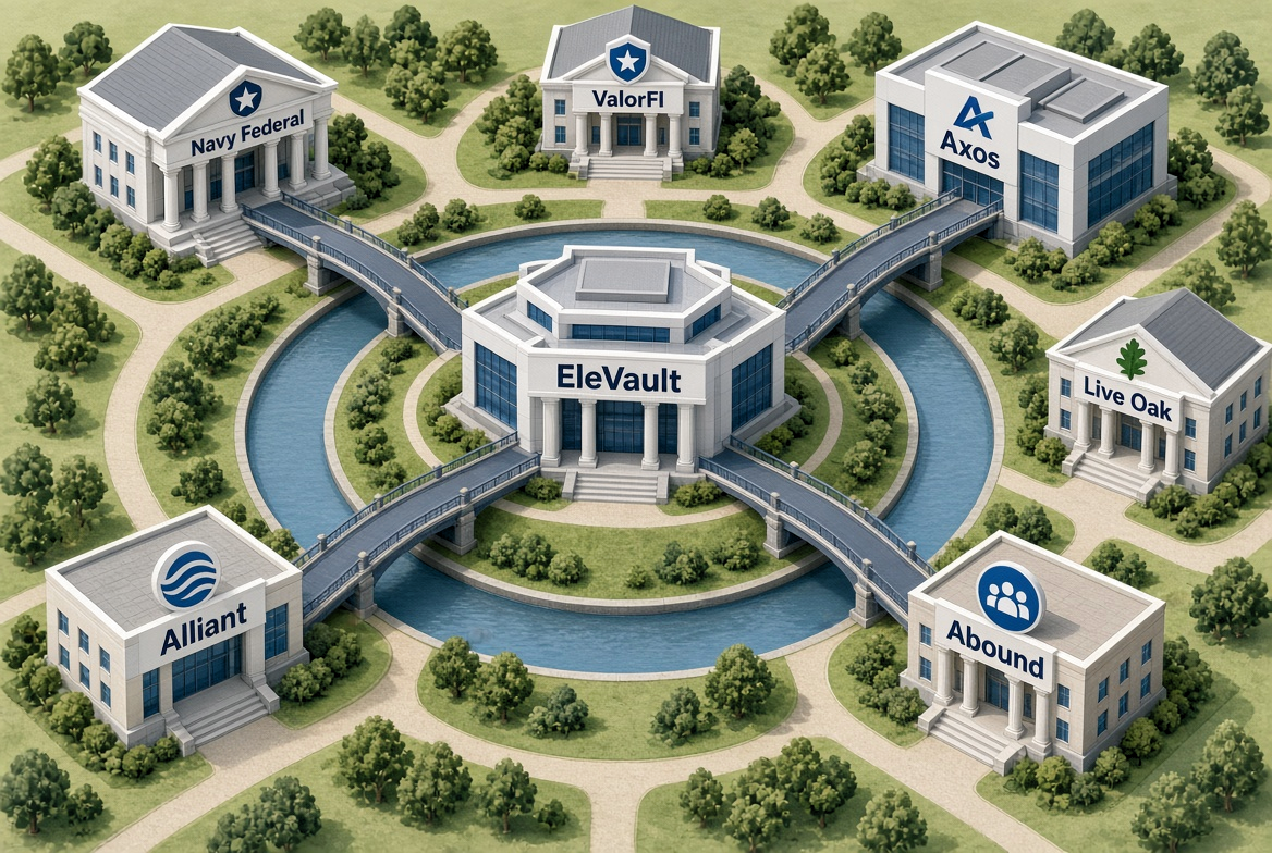 EleVault with direct bridges from Navy Federal, Axos, Alliant, and Abound. ValorFI and Live Oak use surrounding roads to reach an institution with a bridge.